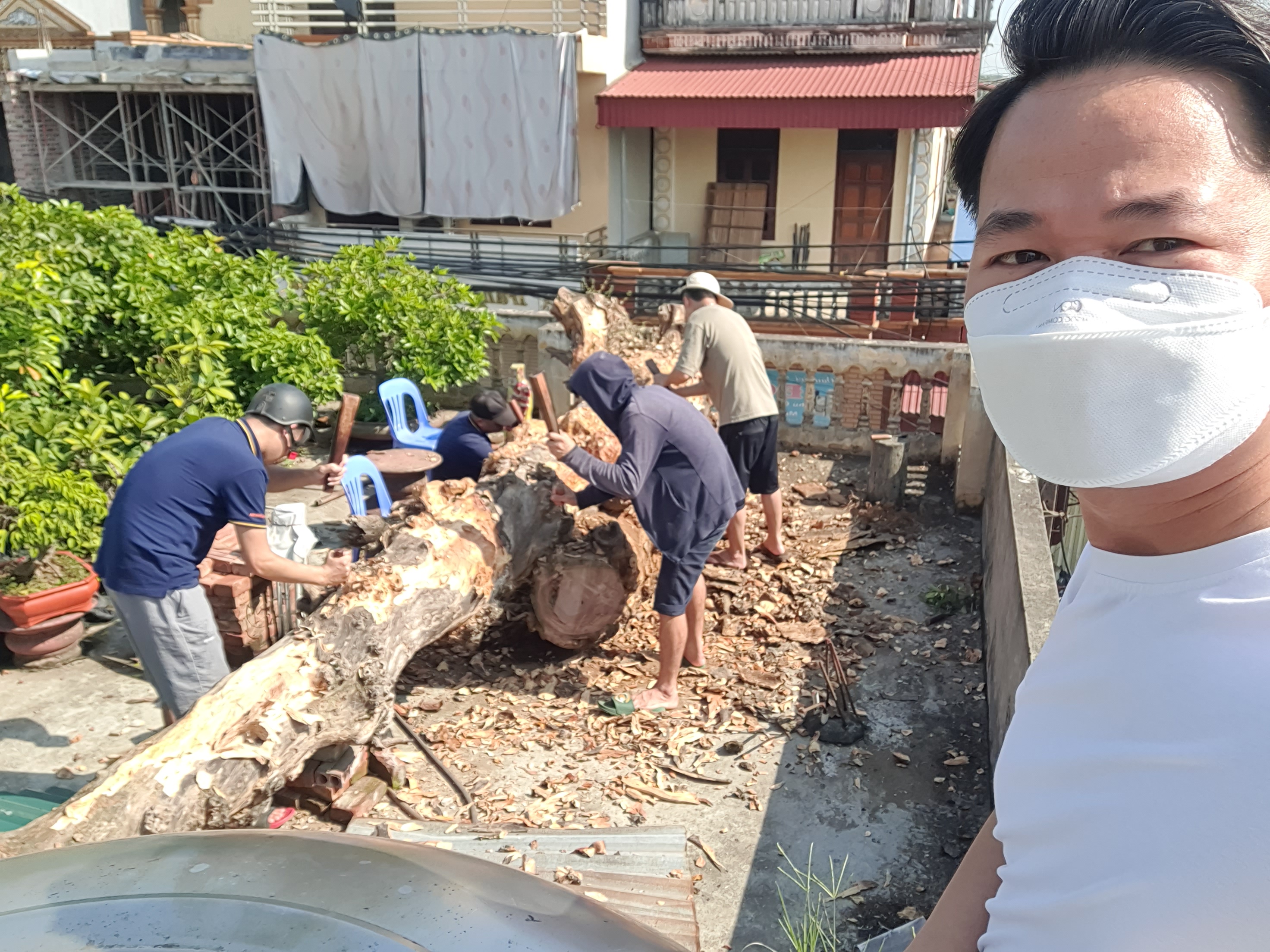 Quá trình dóc vỏ cho một tác phẩm đặc sắc trên phôi gỗ 100 năm tuổi